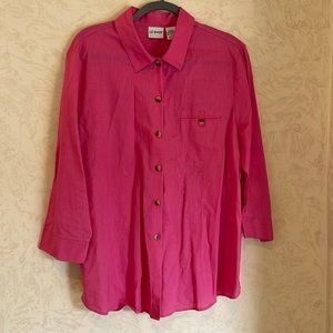 Liz Baker Bright Pink Linen Cotton Blend Button Down 3/4 Sleeve Blouse Size XL